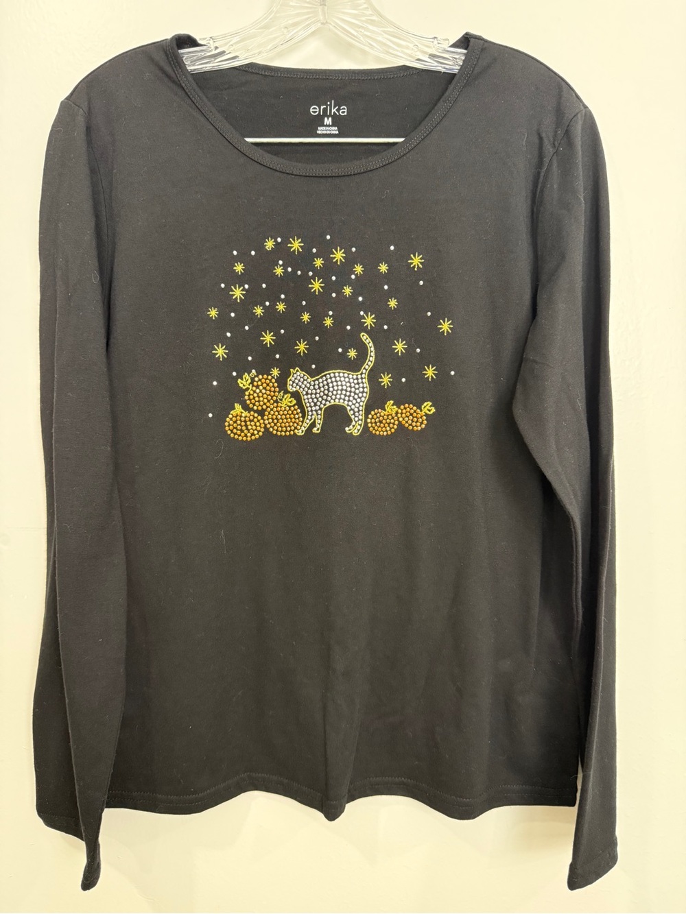 erika Black Long-Sleeve Top with Rhinestone Cat and Pumpkin Motif
